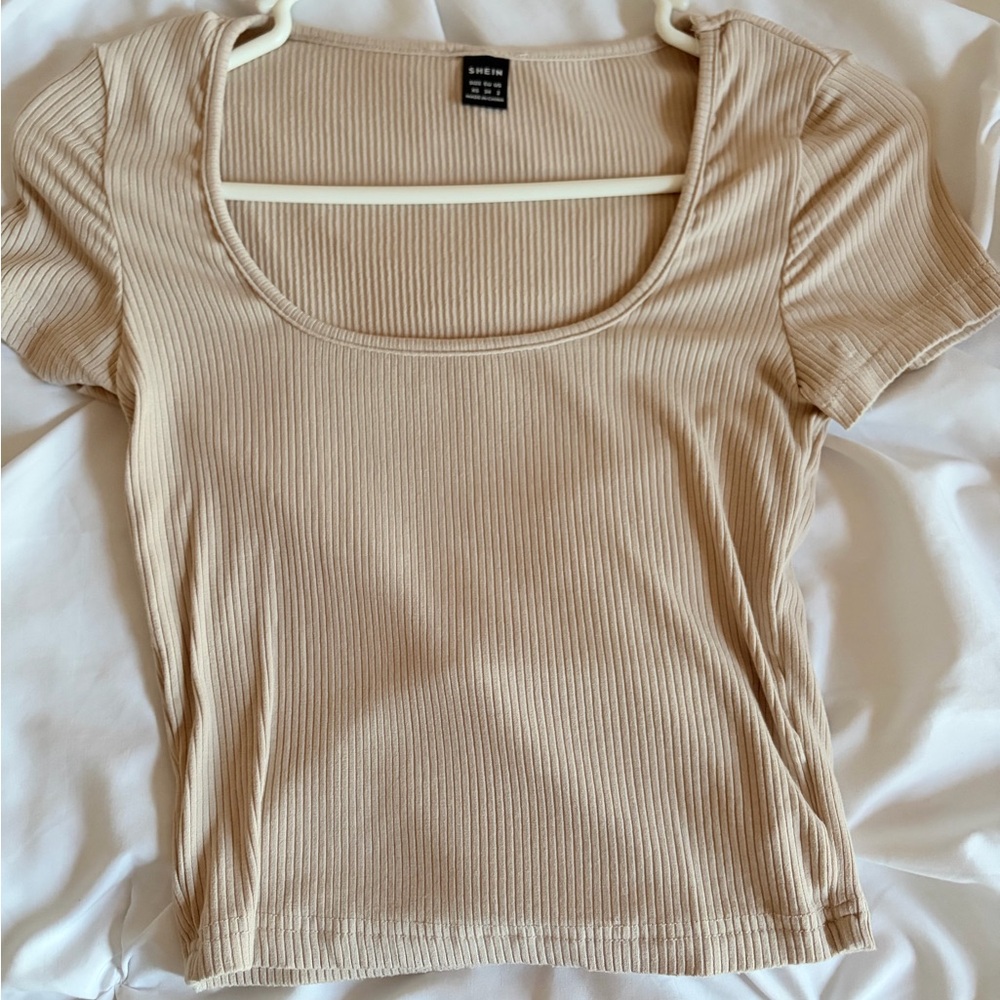 SHEIN Ribbed Tan Short Sleeve Crop Top
